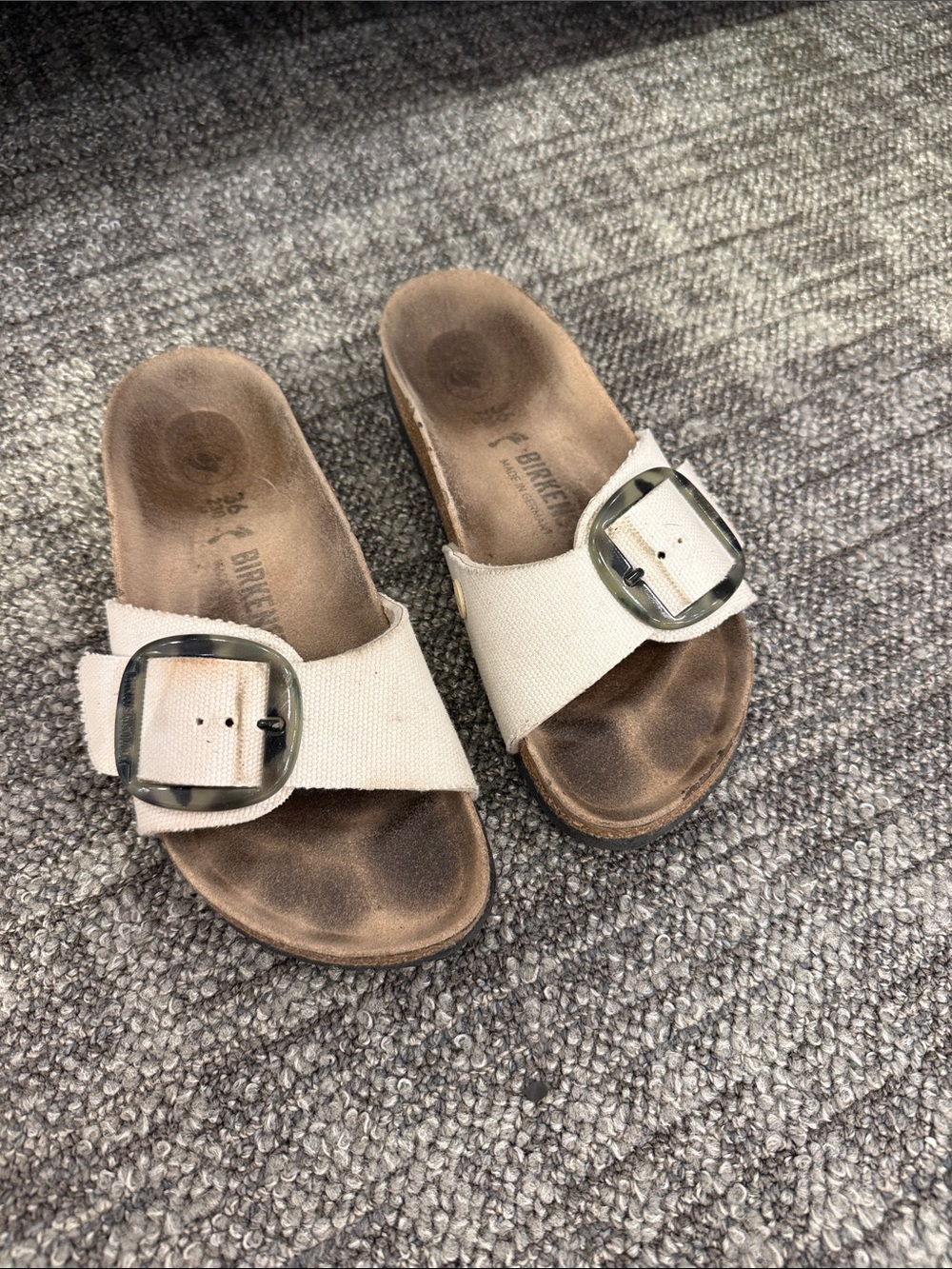 Birkenstock Cream Canvas Single Strap Sandals with Silver Buckles